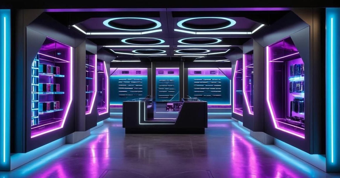 Futuristic gadget store interior with illuminated circular ceiling details